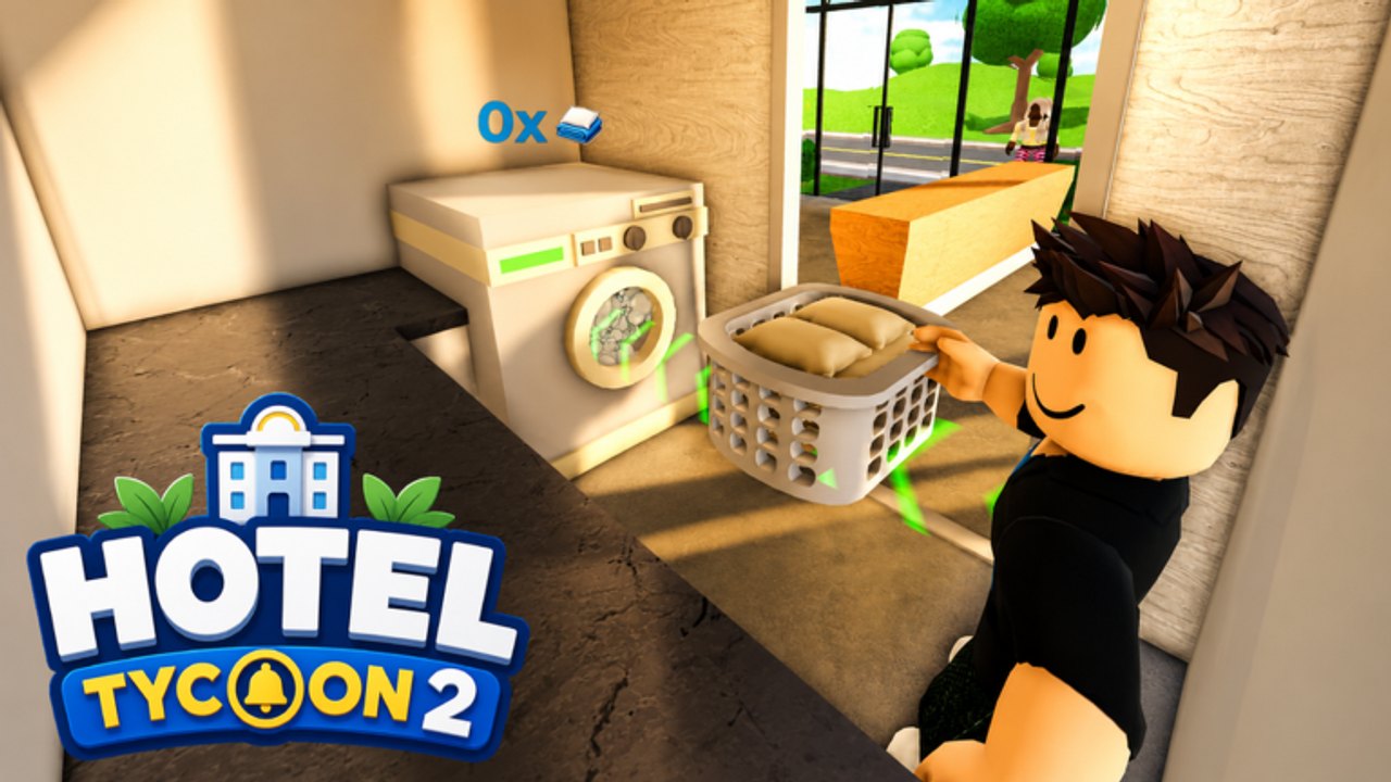 Hotel Tycoon 2 player carrying a laundry basket of linens next to a washing machine