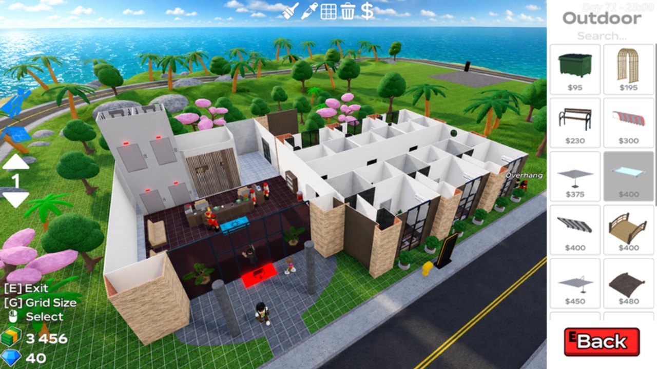 Overhead Hotel Tycoon 2 plot with lobby, room grid, outdoor catalog, cash, and Diamonds